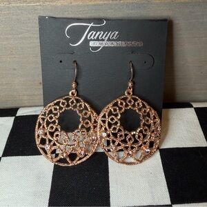Rose Gold Tone Filigree Earrings With Rhinestones